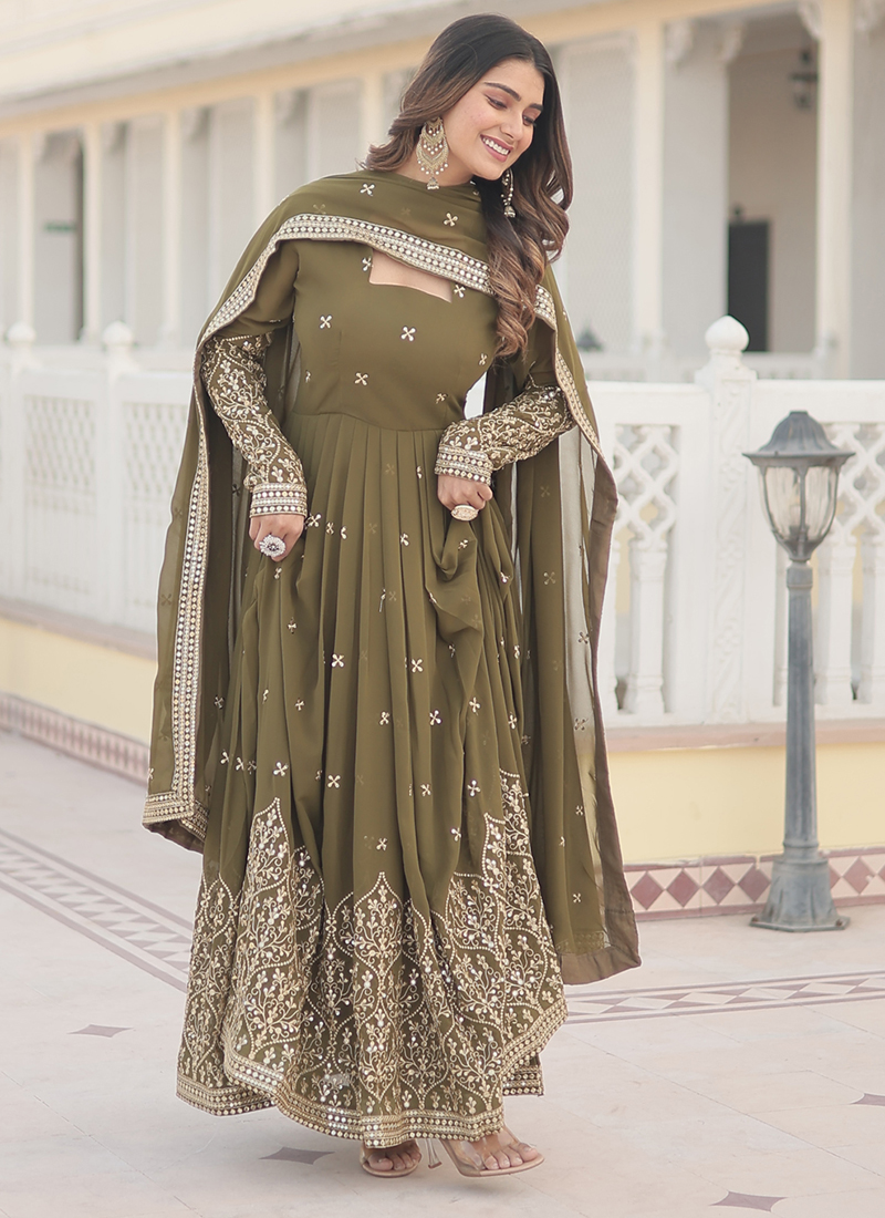 Buy Festival Wear Mehendi Embroidery Work Faux Georgette Readymade Gown  With Dupatta Online From Surat Wholesale Shop.