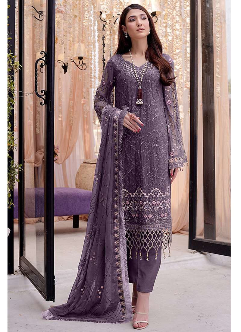 open lace back dress Linen cotton Pakistani style lace detailing farsi suit set in purple–  Aashvi Couture main image 1