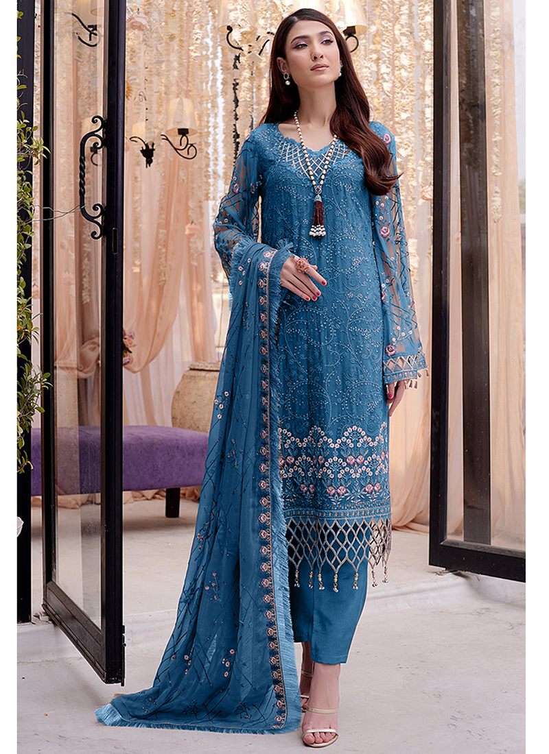 Buy Party Wear Sky Blue Embroidery Work Heavy Faux Georgette Pakistani Suit  Online From Surat Wholesale Shop.