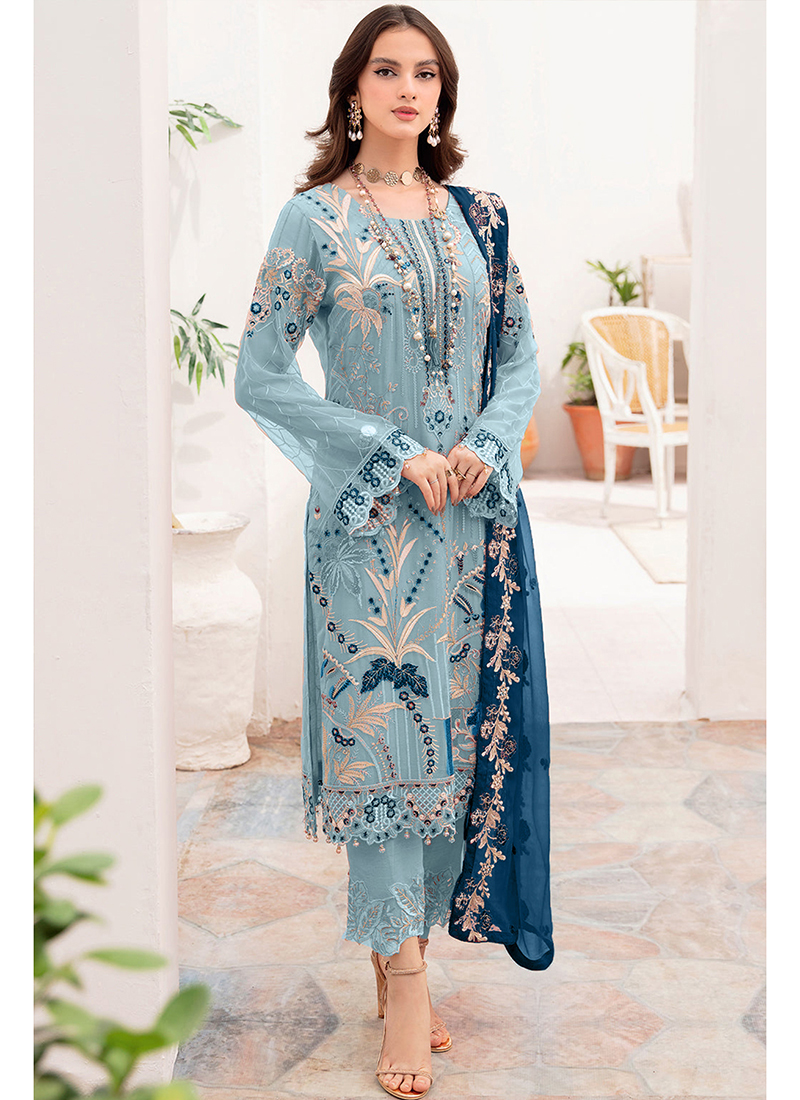 Buy Eid Wear Sky Blue Embroidery Work Heavy Georgette Pakistani Suit Online From Surat Wholesale Shop