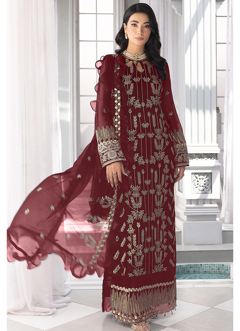 red embroidered dress pakistani Red Designer Embroidered Chiffon main image 0
