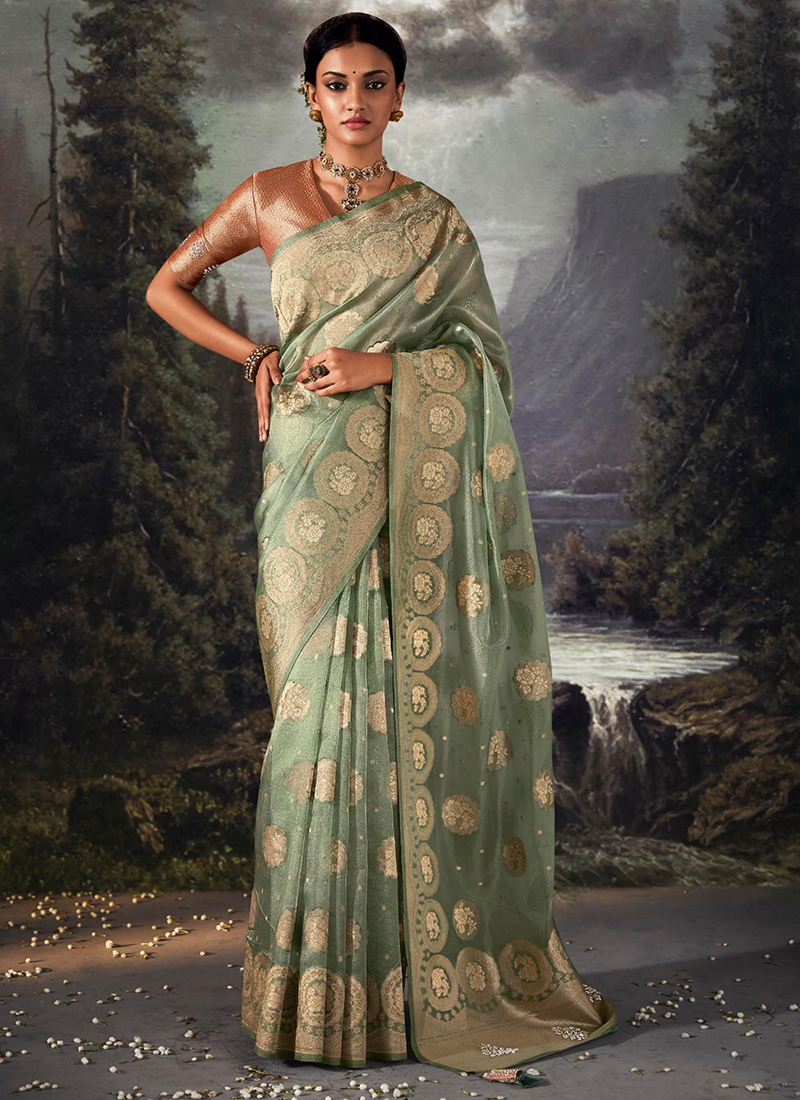 Banarasi Saree Look | Banarasi Saree in light green colour | Banarsi Saree