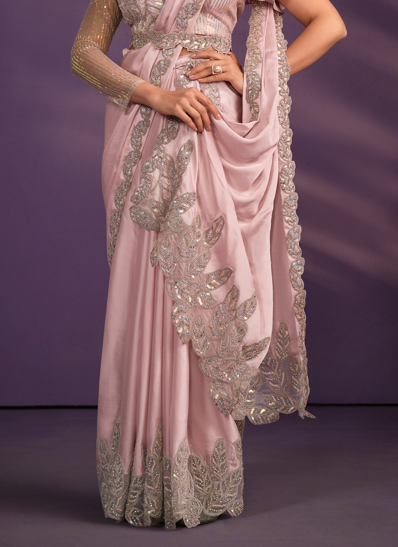 Shop Baby Pink Faux Crepe Embroidered Saree Party Wear Online at Best Price  | Cbazaar