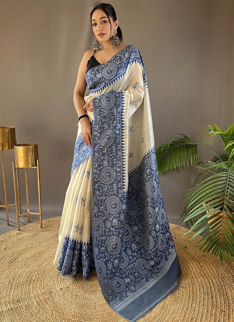 Sky Blue Floral Printed Tussar Silk Saree with Viscose Border main image 0