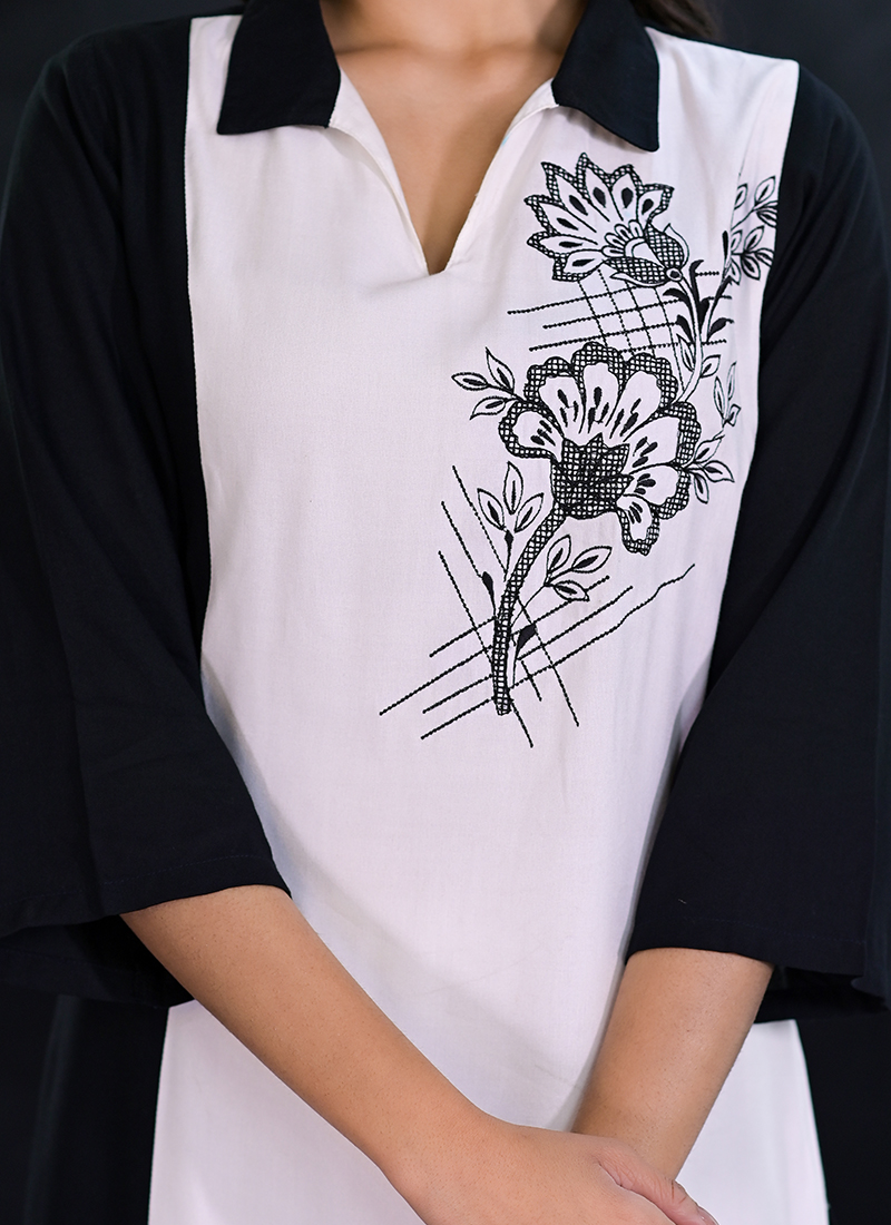 Rayon Casual Tops and Shirts in Black and Grey with Embroidered work