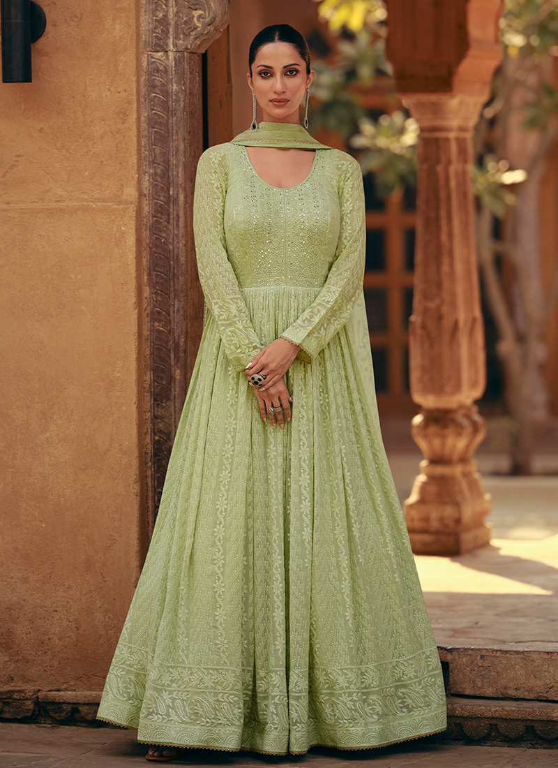 Buy Pista Green Georgette Embroidery Work Eid Wear Gown With Dupatta Online  From Surat Wholesale Shop.