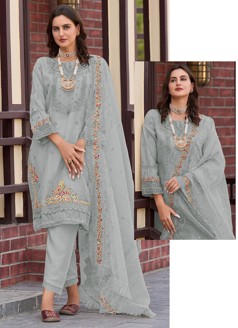 Sleek Grey Organza Designer Party Wear Heavy Salwar Suit Collection With Grey Santoon main image 0