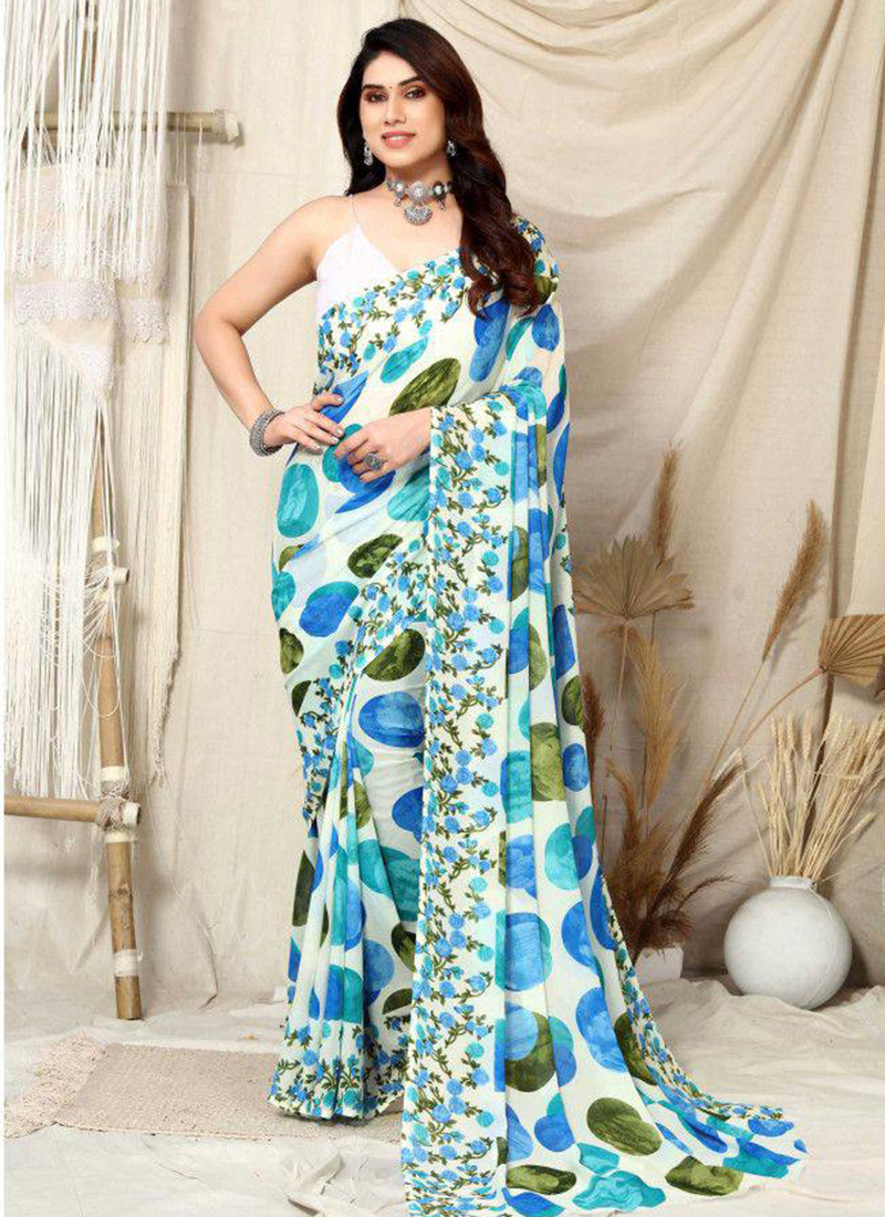 Georgette Saree with Stone,printed in Sky blue - SR23879