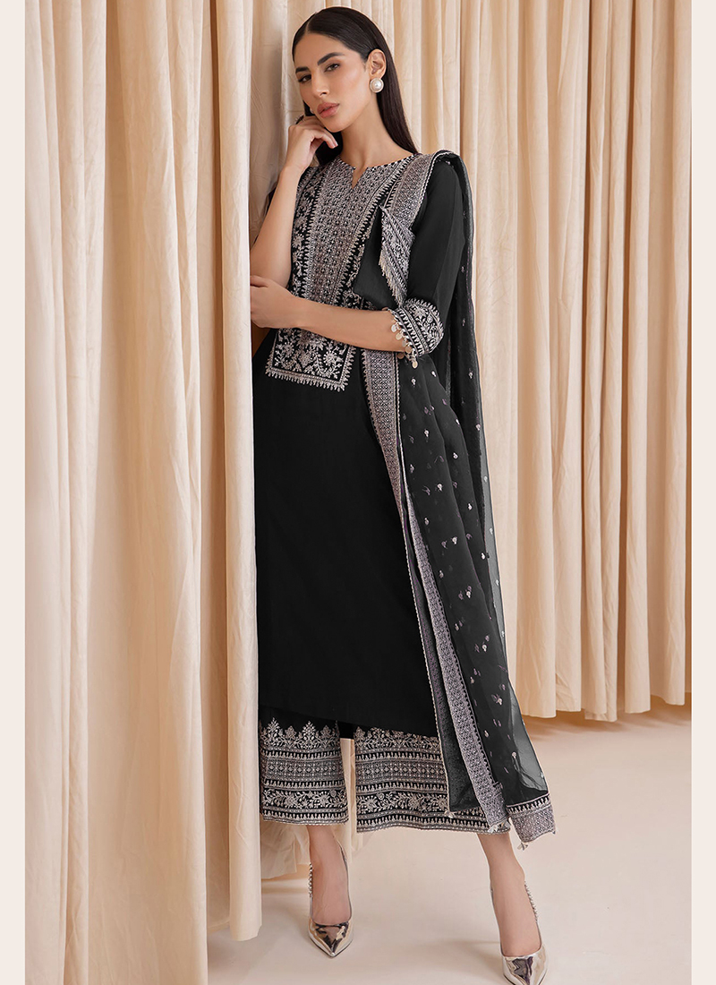 Black Faux Georgette Pant Suit Black Heavy Embroidery Work:Arabic Attire