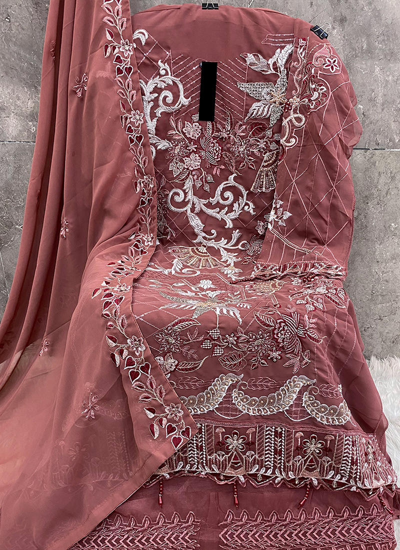 Buy Eid Wear Rose Gold Embroidery Work Faux Georgette Pakistani Suit Online  From Surat Wholesale Shop.