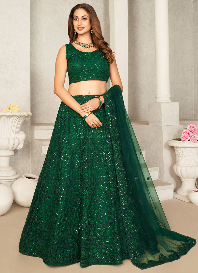 Green Lehenga With Heavy Soft Net And Thread Sequins Embroid