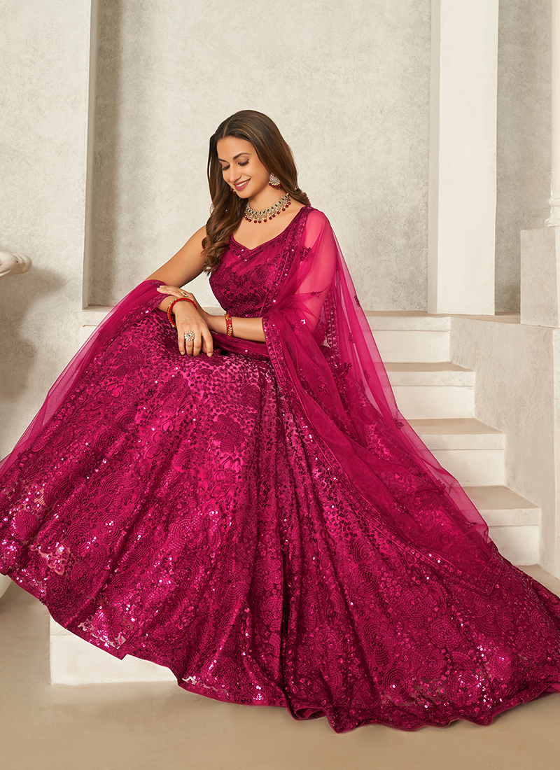 Buy Party Wear Rani Pink Sequins Glitter Work Net Lehenga Choli Online From  Surat Wholesale Shop.