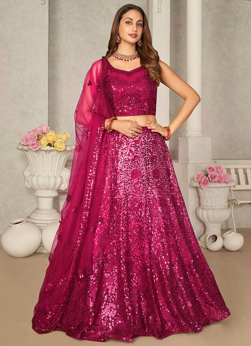 Buy Party Wear Rani Pink Sequins Glitter Work Net Lehenga Choli Online From  Surat Wholesale Shop.