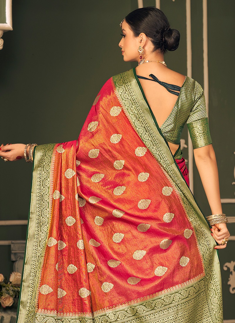 Designer Saree - Golden Tissue Red Soft Silk Half Half – Panache-The Desi  Creations