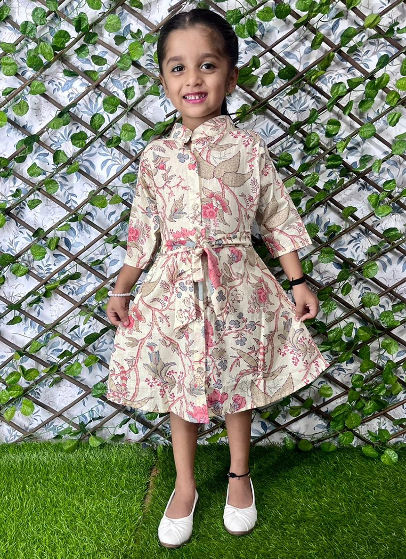 Buy Party Wear Beige Digital Printed Soft Cotton Readymade Kids Wear Frock Online From Surat Wholesale Shop