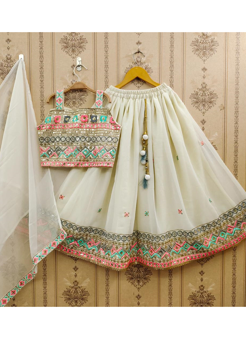 Pre-Order: White Embroidery Choli with Peach Lehenga– Peony Kids Couture