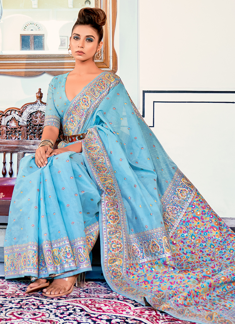 Buy the amazing Sky Blue Zari Woven Beautiful South Silk Saree online at  best price on karagiri – Karagiri Global