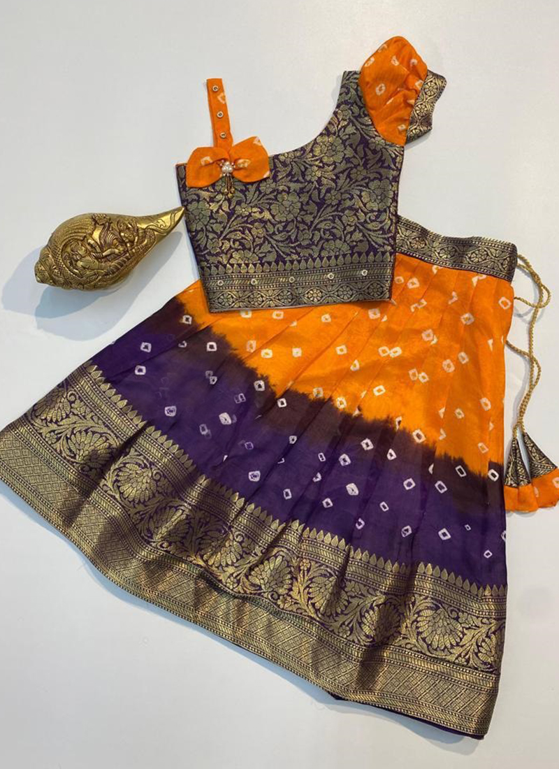 Buy Orange Weaving Lichi Silk Kids Lehenga Choli Online