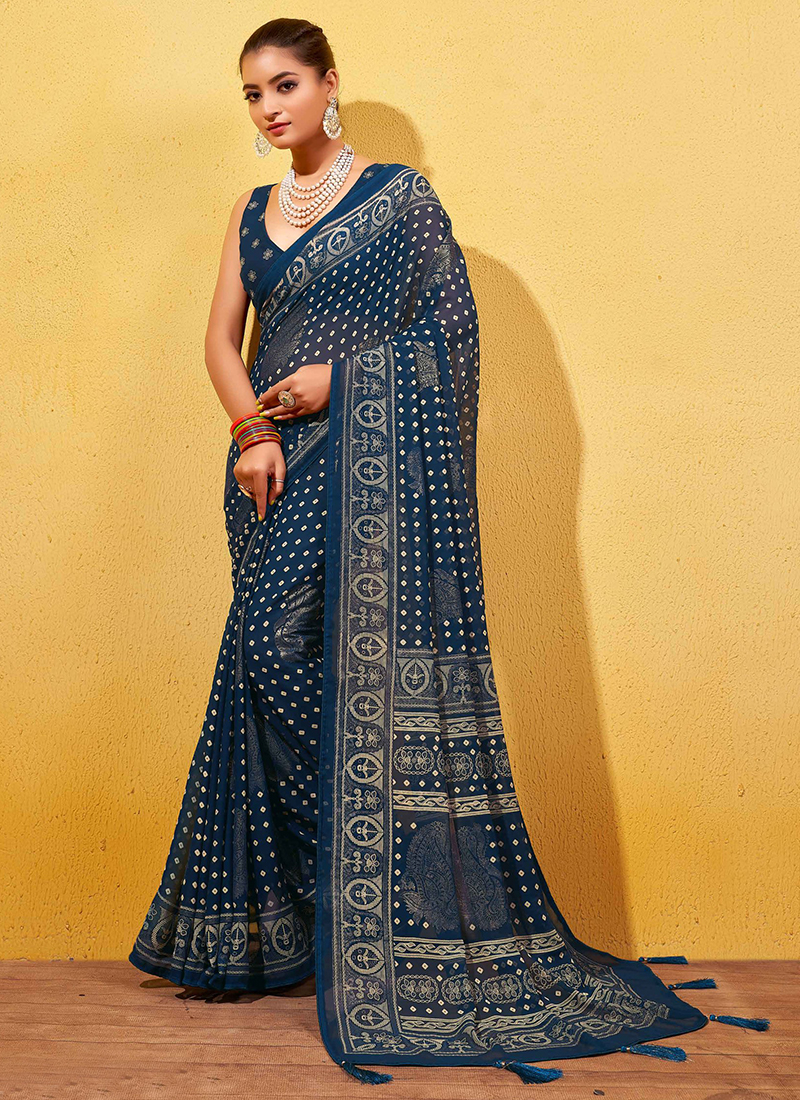 Blue Heavy Border Georgette Saree With Blouse