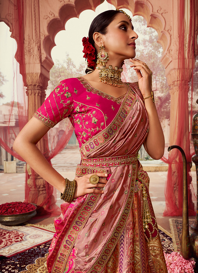 Yellow Dola Silk Lehenga Having Pink Banarasi Highlights With Embellis