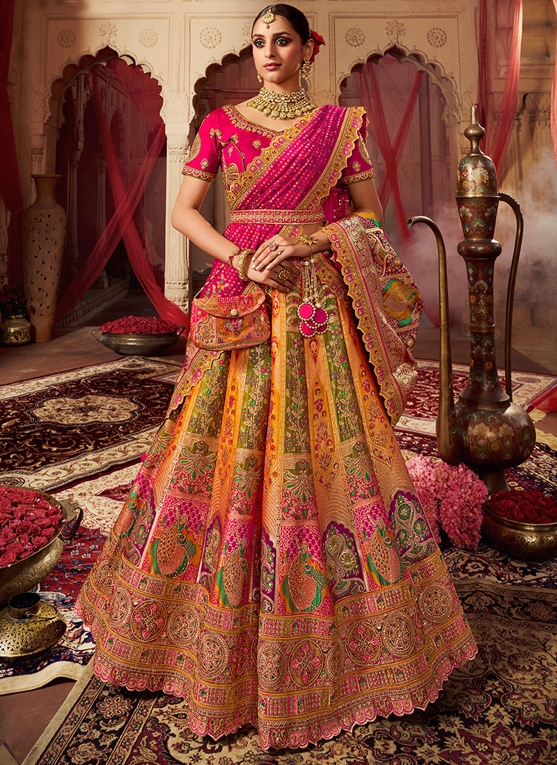 Buy Wedding Wear Yellow Embroidery Work Banarasi Silk Lehenga
