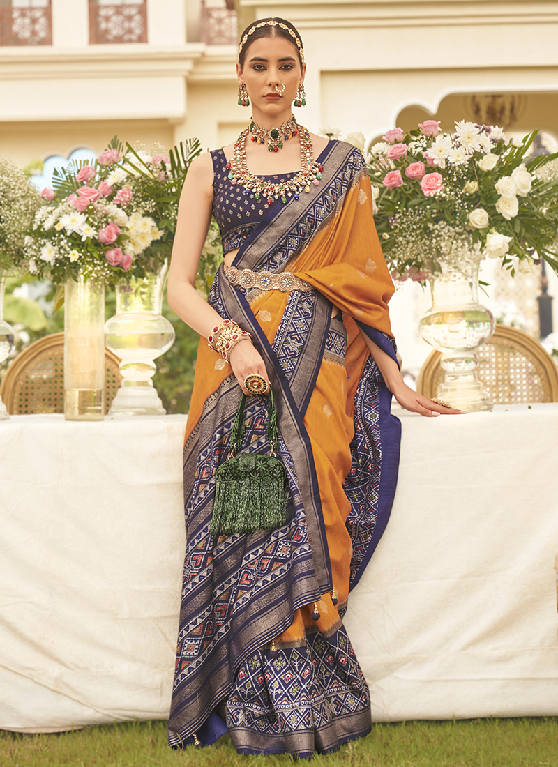 Vishal Prints Dark Orange Brasso Saree With Foil Print And Zari Border in  2024 | Art silk sarees, Blouse neck designs, Saree