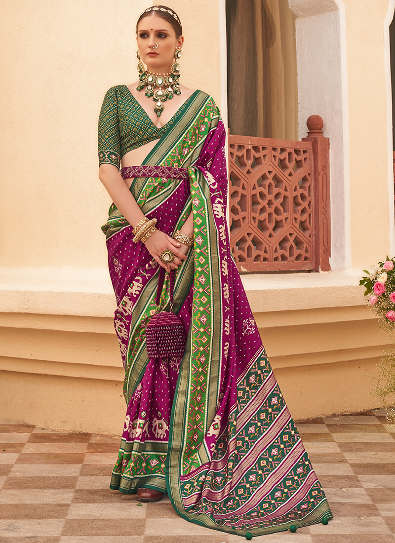 Camelot Dark Pink and Green Woven Patola Silk Saree – MySilkLove