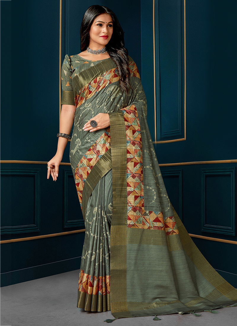 Abstract Digital Printed Off-White Kota Silk Saree – SHANGRILA DESIGNER