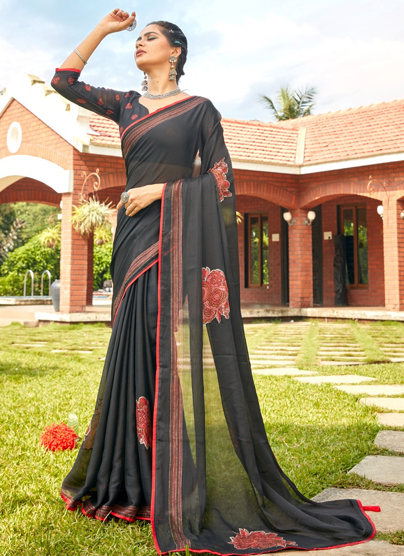 Odette Women Black Printed Chiffon Saree With Unstitched Blouse