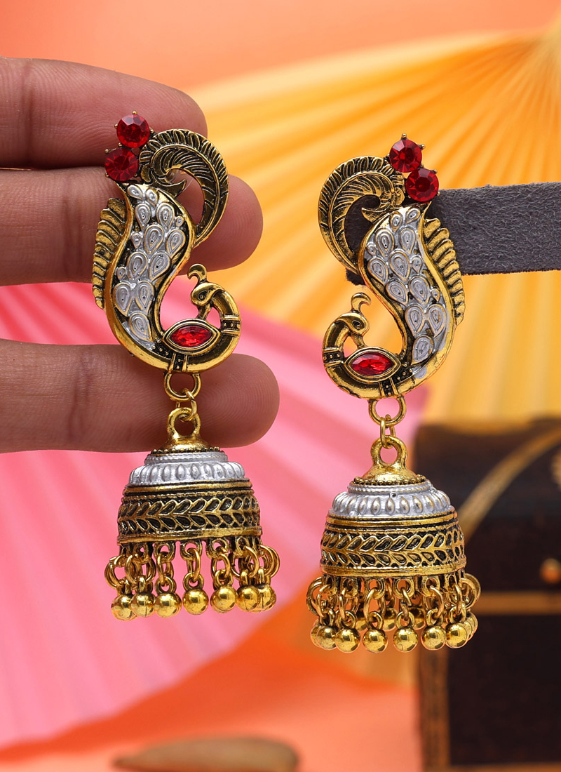 Buy Hot Red Peacock Inspired Oxidised Earrings Online From Surat Wholesale  Shop.