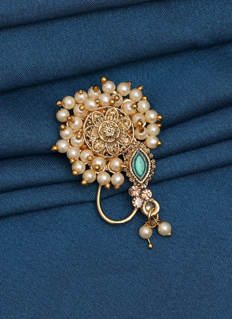 Maroon Green Maharashtrian Style Pearl Nose Pin Catalog