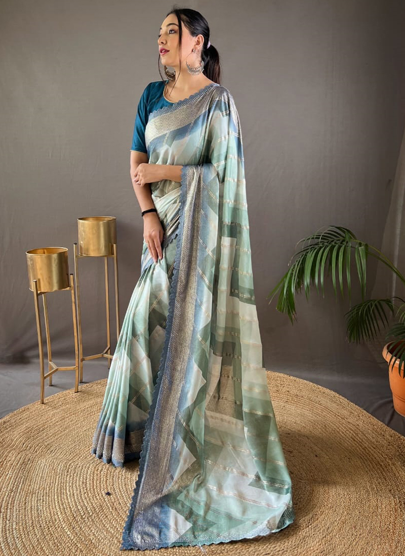 Marvellous Blue Lycra Net Designer Readymade Saree