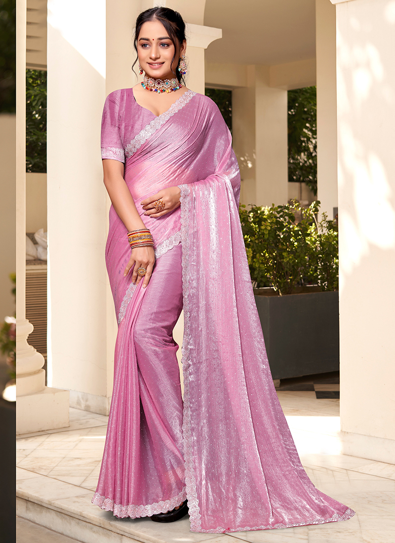 Buy Festival Wear Dark Pink Siroski Work Soft Silk Saree Online