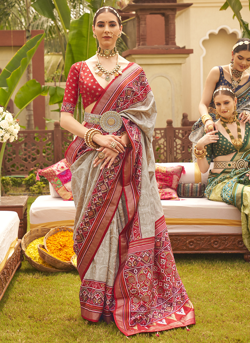 Creamy Off-white and Red Zari Border Silk Saree With Blouse