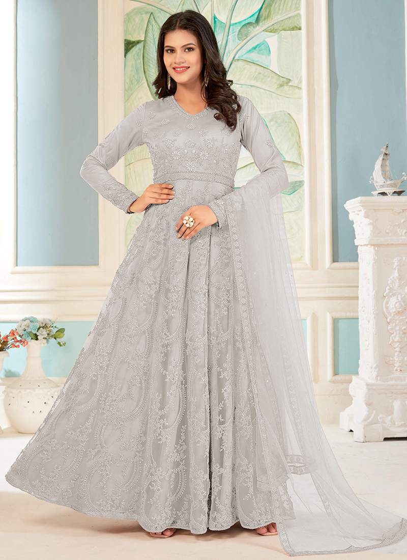 Embroidered Net Designer Gown in Grey