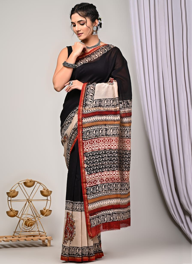 Handloom Black Chanderi pure silk Saree with Gold Zari motifs