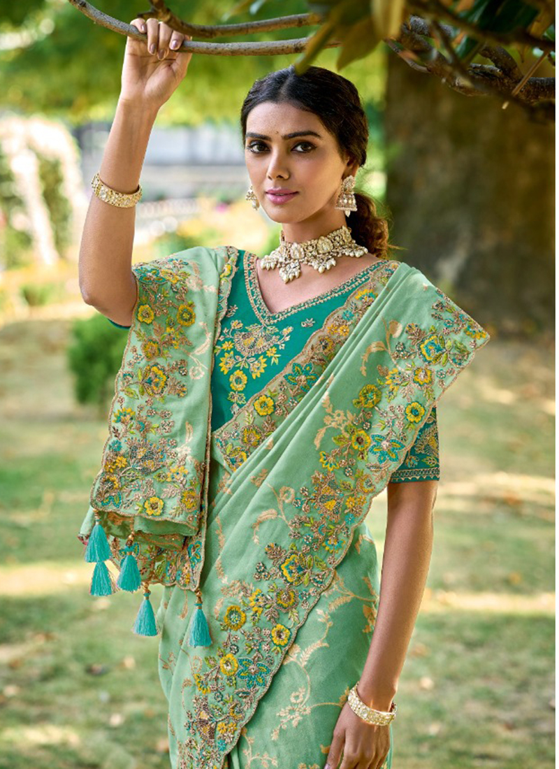 Embroidered Silk Teal Green Saree