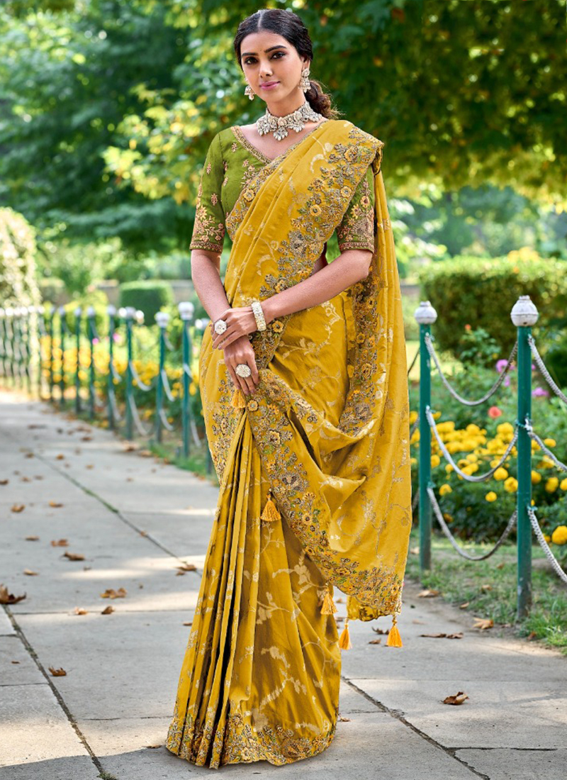 Bright Mustard Yellow Designer Embroidered Silk Party Wear Saree | Party  wear sarees, Indian dresses, Fancy sarees