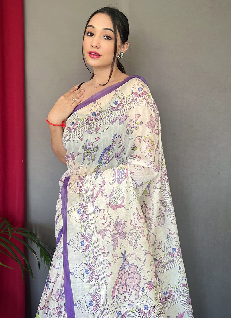 Pure Malai Cotton with Katha Prints saree with Cotton blouse  (BYC-45652-3002) - sellURsaree.com