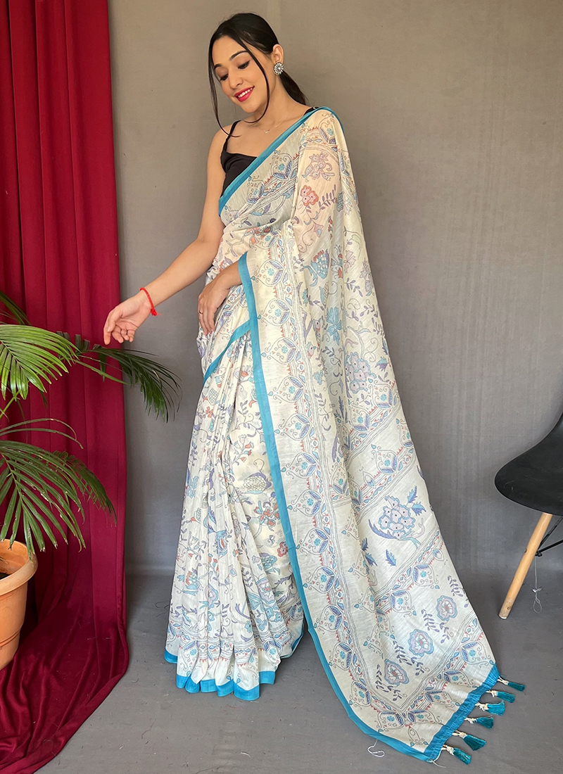 Navy Blue Pure Malai Cotton Kalamkari Print Saree