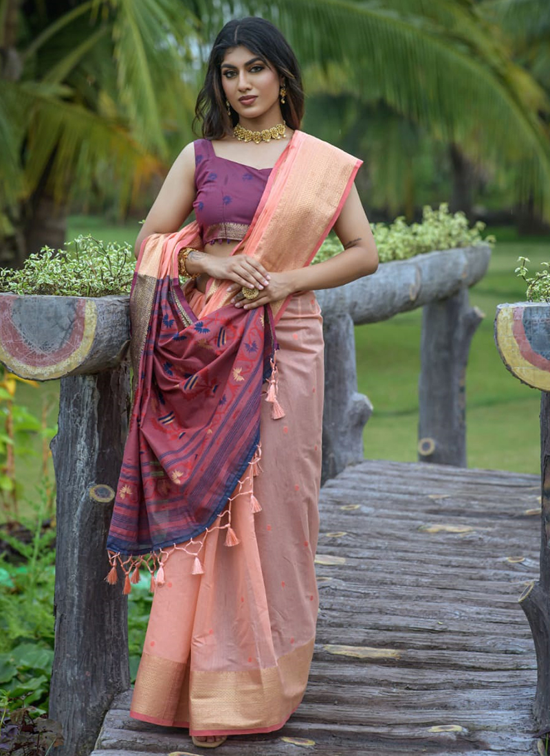 Shilo Pink Zari Woven Chanderi Banarasi Saree – MySilkLove