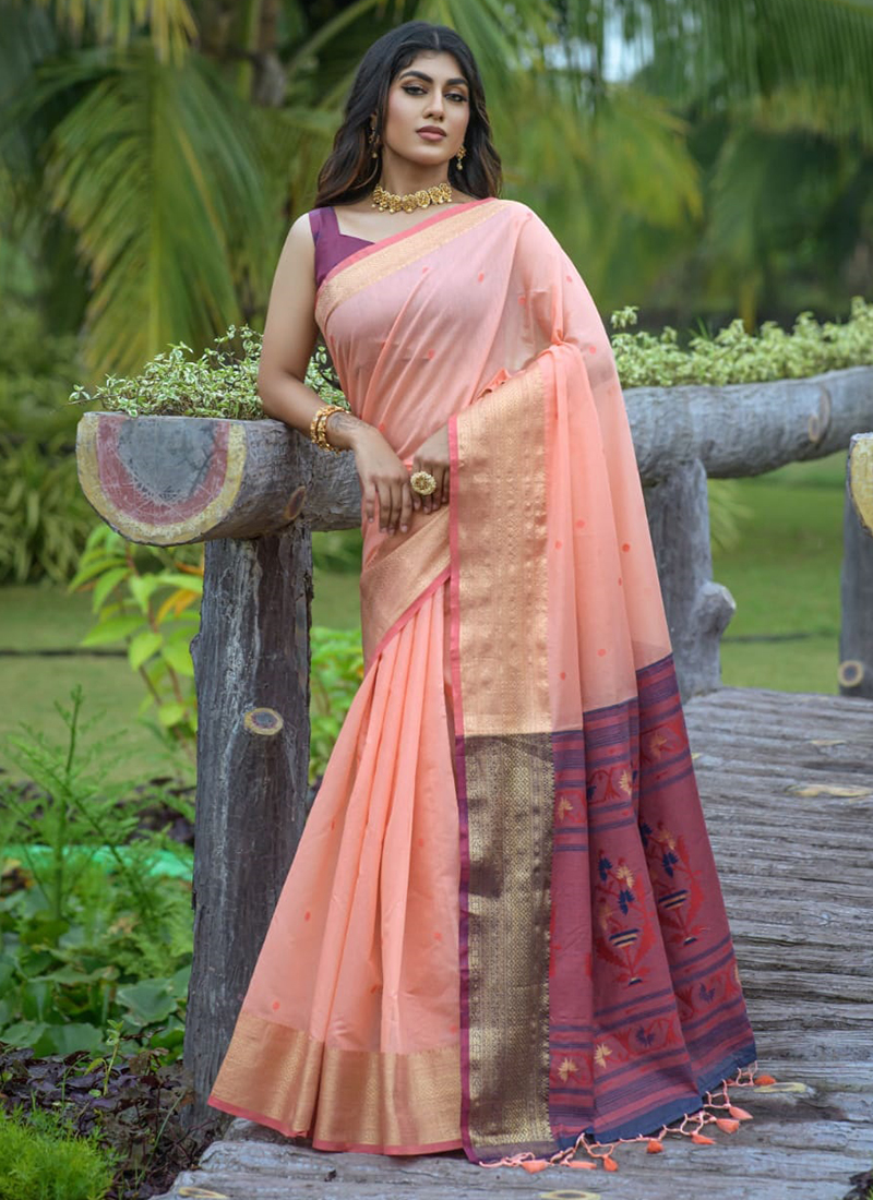 Dusty Pink Meenakari Bird Motifs Pure Chanderi Silk saree with Wide Za