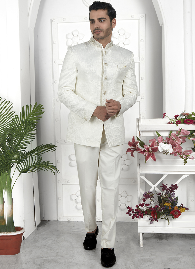 Buy Party Wear Off White Pattern Pc Work Imported Jaquard Silk Readymade  Mens Jacket Online From Surat Wholesale Shop.