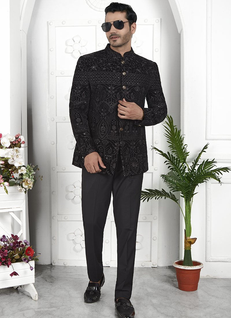 Buy Party Wear Black Pattern Pc Work Imported Jaquard Silk Readymade Mens  Jacket Online From Surat Wholesale Shop.