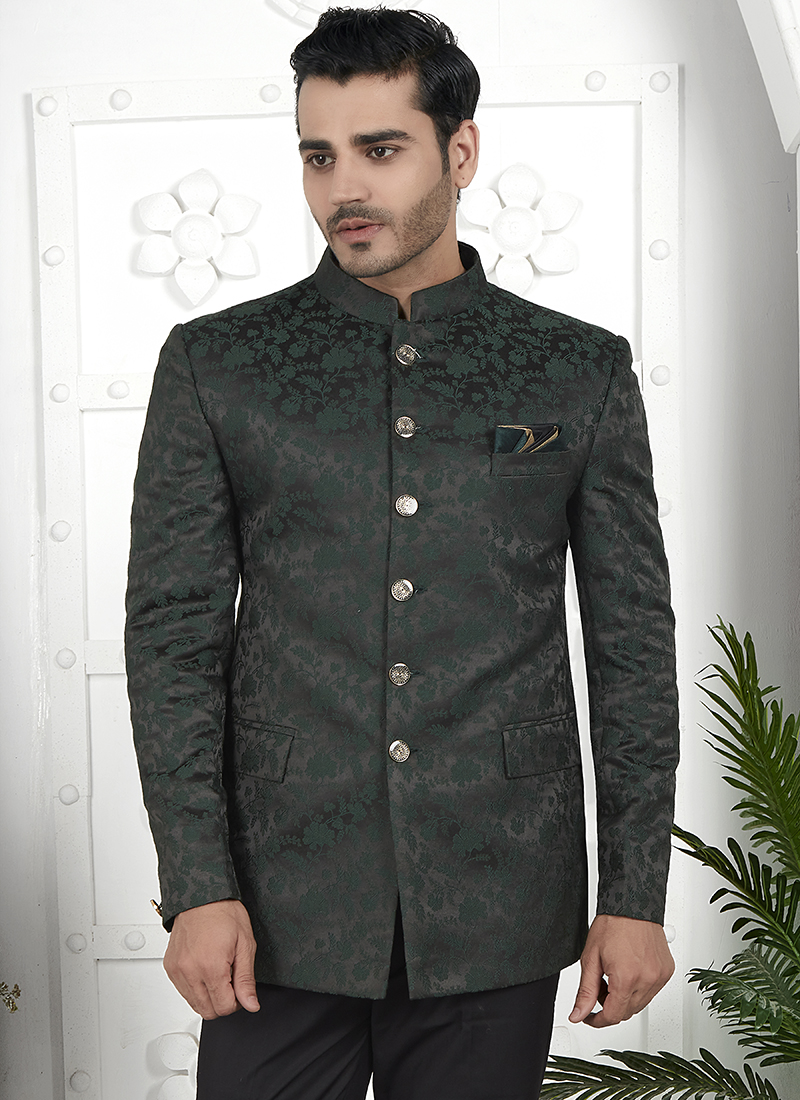 Dark Teal Green Silk Jacket Styal Men Kurta Pajama MKPA03140