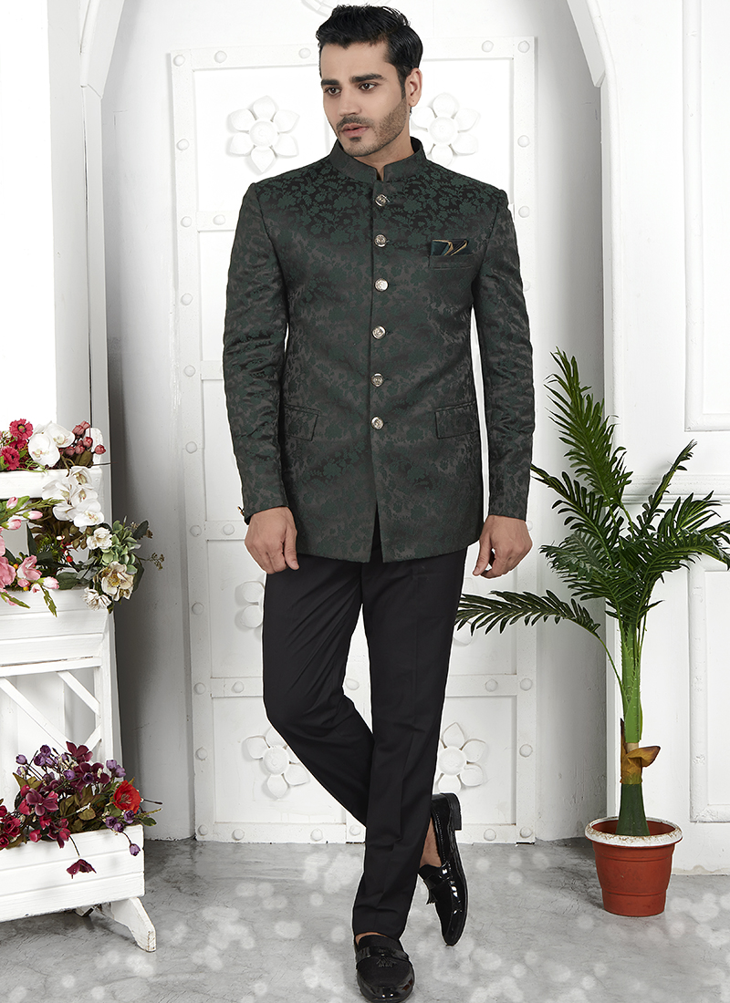 Buy Party Wear Dark Green Pattern Pc Work Imported Jaquard Silk Readymade  Mens Jacket Online From Surat Wholesale Shop.