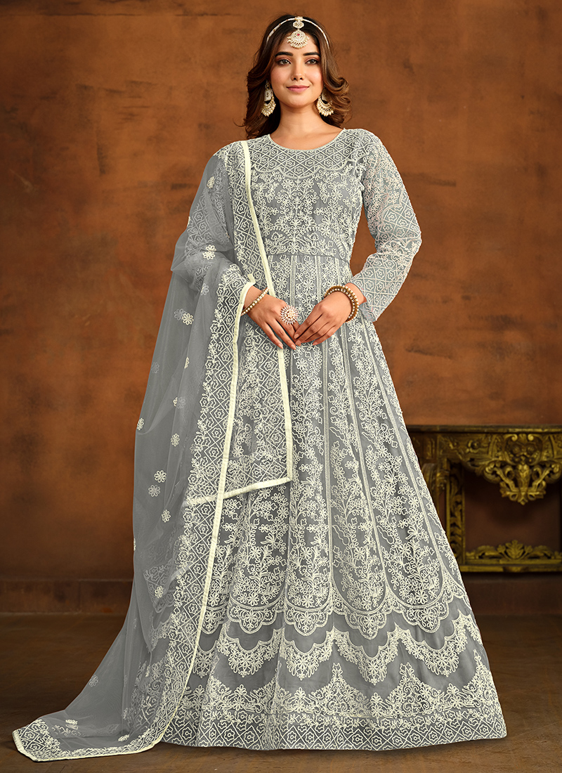 Buy Wedding Wear Grey Embroidery Work Net Gown With Dupatta Online From Surat Wholesale Shop. Buy Wedding Wear Grey Embroidery Work Net Gown With Dupatta Online From Surat Wholesale Shop.
