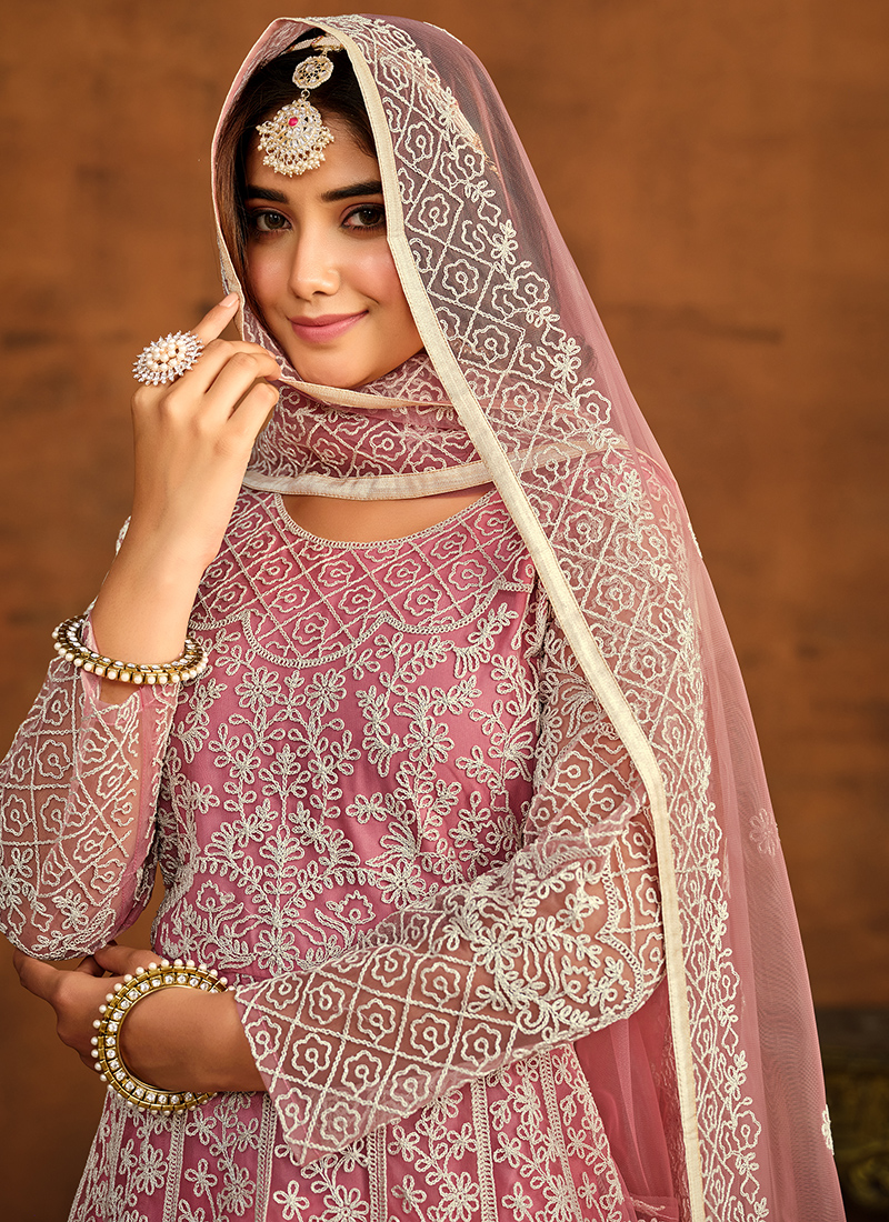 Buy Wedding Wear Pink Embroidery Work Net Gown With Dupatta Online From  Surat Wholesale Shop.