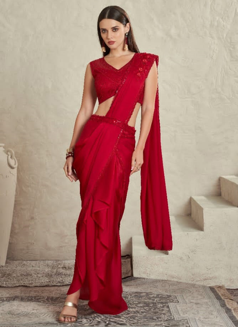 Red velvet Shimmer/satin women saree shape wear at Rs 899.00