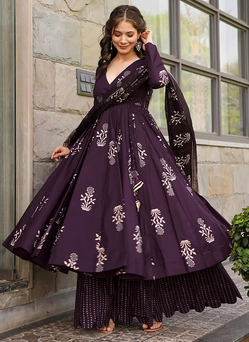 purple colour anarkali dress Buy Dark Purple Pure Muslin Printed Party Wear Readymade Anarkali Suit  Online From Surat Wholesale Shop
